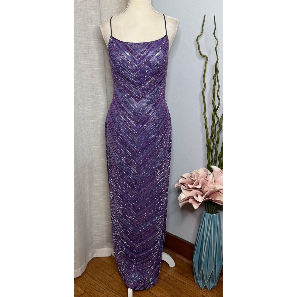 Vintage Y2K Scala Glass Beaded Silk Chevron Maxi Dress Purple Gown Womens Medium - Picture 2 of 15